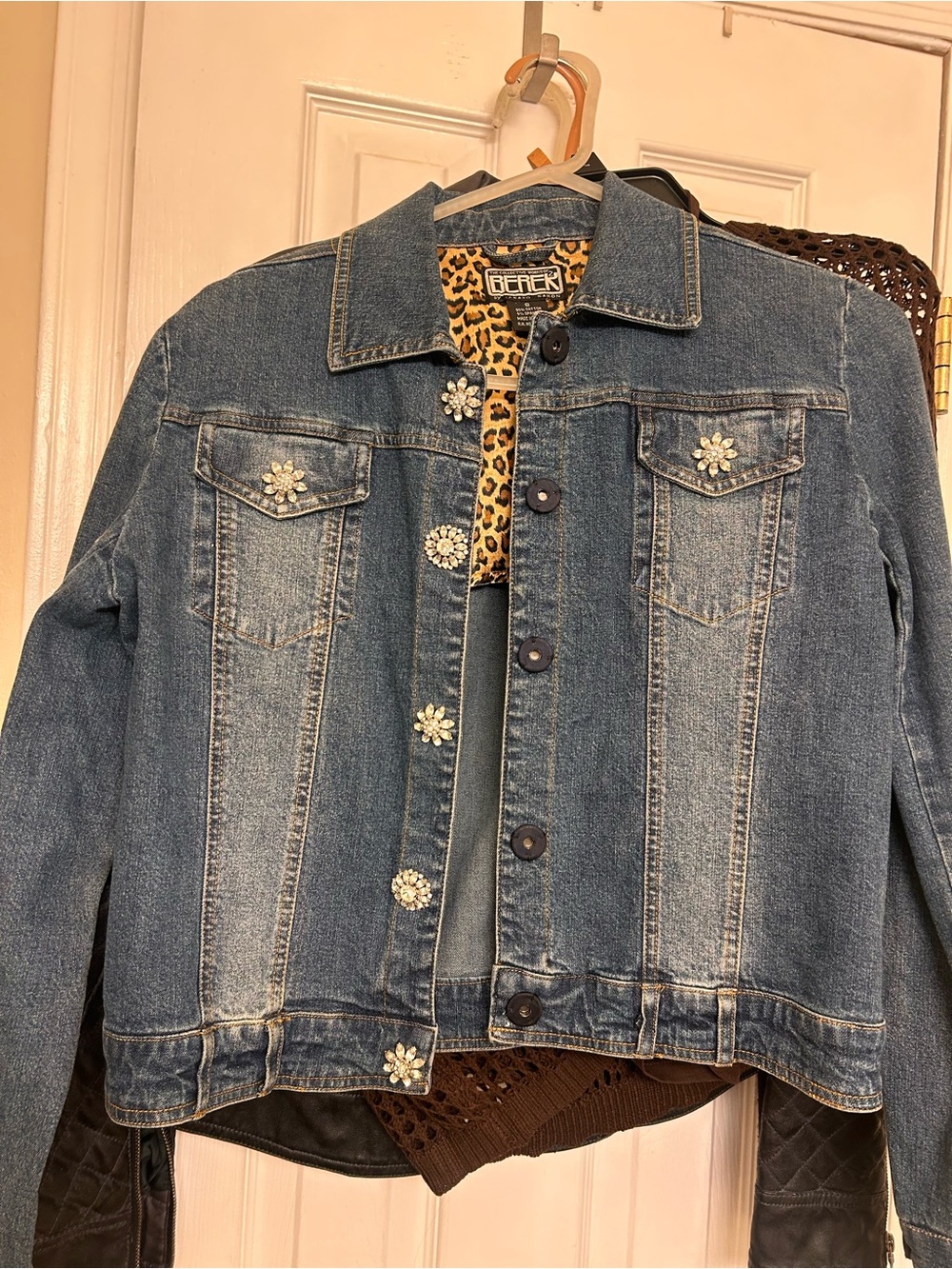 berek Blue Denim Jacket with Rhinestone Flower Buttons